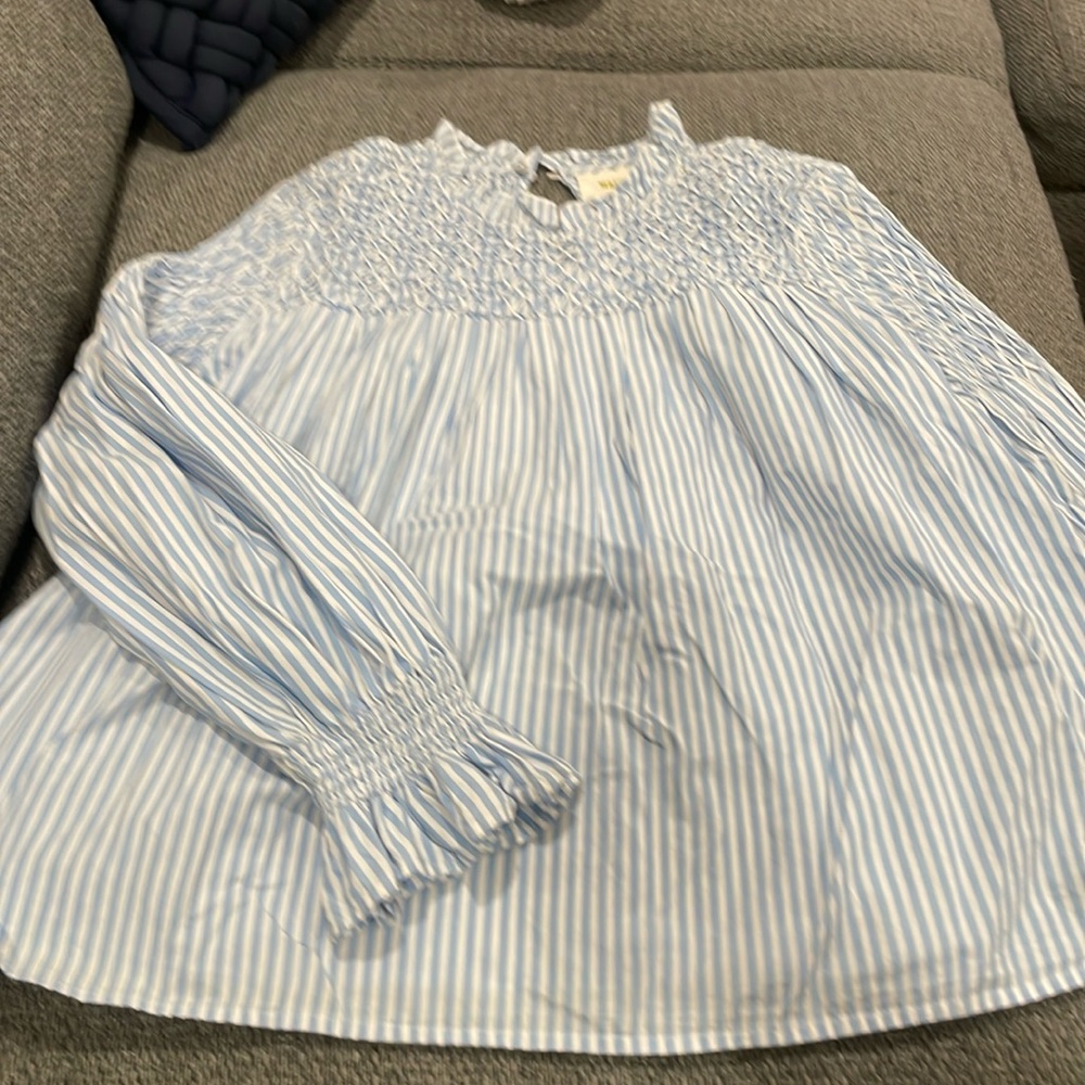Anthropologie Smocked Striped Blue and White Blouse size 6